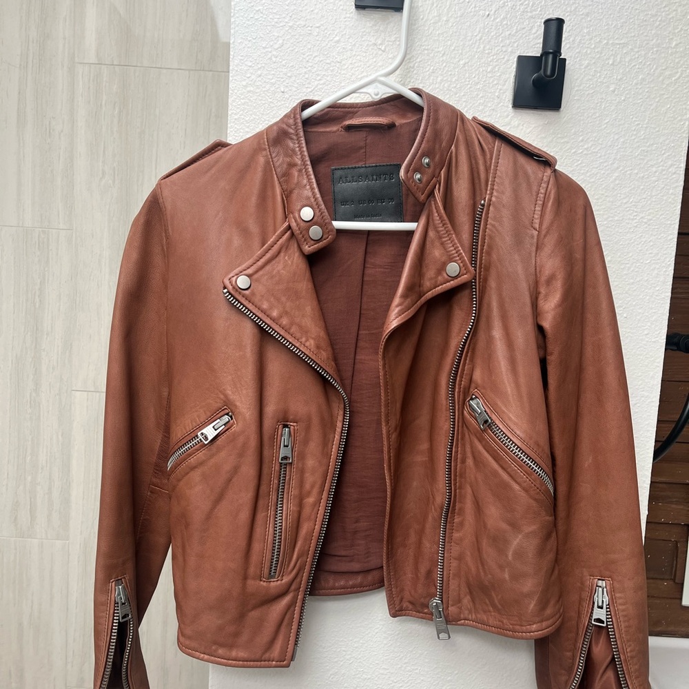 All Saints Tan Leather Jacket with Silver Accents